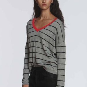 Label and Thread - Gray Striped V-Neck Sweater with Red Trim